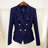 High Street Newest  Runway Designer Blazer Women's Classic Lion Buttons Double Breasted Slim Fitting Textured Blazer Jacket