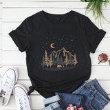 Plus Size Shirt S-5XL New Mountain Printed T Shirt 100%Cotton Shirts O Neck Short Sleeve Tee Summer Women Clothing Black Tops