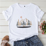 Plus Size Shirt S-5XL New Mountain Printed T Shirt 100%Cotton Shirts O Neck Short Sleeve Tee Summer Women Clothing Black Tops