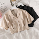 Shirts Women Notched Crop Top Simple New Summer Ladies All-match Chic Elegant Ulzzang Harajuku Fashion Solid Chiffon Design Slim