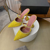 woloong Summer New Pointed Toe Rhinestone Sequined Stiletto Slippers Leopard Print Baotou Half Drag Sandals