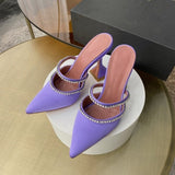 woloong Summer New Pointed Toe Rhinestone Sequined Stiletto Slippers Leopard Print Baotou Half Drag Sandals