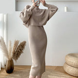 New Fall/Winter Bat Sleeve O-Neck Soft Sweater  + Women's Knitted Vest Long Dress Two-Piece Dress Sets