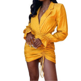 New Satin Silk Sexy Long Sleeve Party Dresses Women Night Club Soft Dress Autumn Dress V-Neck Solid Split Turn Down Collor