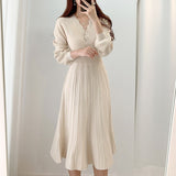 Vintage Elegant Knitted Beige Midi Dress New Autumn Long Sleeve Slim Woman Sweater Dresses One-Piece Woman Pleated Dress