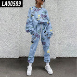 Fall Winter Tracksuits Women Two Piece Set Floral Print Sport Outfits Casual Sweatshirt+Pants Women Sweat Suit Lady Girls