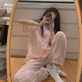 goosudu Women's Pajamas Summer Night Home Suit Pyjamas Korean Style Solid Color Grid Pijamas Homewear Sleepwear Nightwear Cute