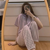 goosudu Women's Pajamas Summer Night Home Suit Pyjamas Korean Style Solid Color Grid Pijamas Homewear Sleepwear Nightwear Cute