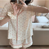 goosudu  Cotton Suits with Shorts Girl Korean Women's Pajamas Kawaii Pyjama Cherry Print Pijama Short Sleeve Sleepwear Nightie Pjs