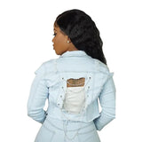 INMOTENG Women Fashion Light Blue Denim Long Sleeve Button Up Jean Jackets Casual Chain Lace Up Back Hole Women Tops outfit