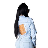 INMOTENG Women Fashion Light Blue Denim Long Sleeve Button Up Jean Jackets Casual Chain Lace Up Back Hole Women Tops outfit