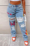 Goosudu Casual Street Print Ripped Split Joint Straight Denim Jeans