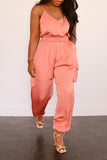 Goosudu Satin Solid V-neck  Elastic Waist Pocket Jumpsuit