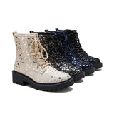 Goosudu Women Sexy Sequin Lace-Up Ankle Chunky Heel Boots