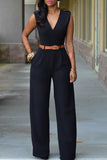 Goosudu Elegant Solid Color V Neck Belt Sleeveless Jumpsuits