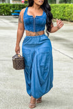 Goosudu Statement Ruching Patch Pocket Elastic Waist Denim Long Skirt