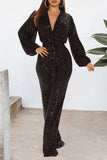 Goosudu Sexy V-neck Sequin Lace Up Long Sleeve Wide Leg Jumpsuit