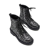 Goosudu Women Sexy Sequin Lace-Up Ankle Chunky Heel Boots