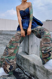 Goosudu Camouflage Casual Pocket Design Ruched Bell Bottoms Pants