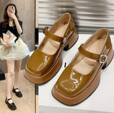 goosudu Retro Mary Janes Leather Pumps Med Heel Square Toe Buckle Sandals Summer Autumn Fashion Women Shoes Heels 4 cm