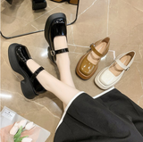 goosudu Retro Mary Janes Leather Pumps Med Heel Square Toe Buckle Sandals Summer Autumn Fashion Women Shoes Heels 4 cm