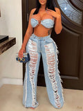 Goosudu Denim Bra Top & Fringe Jeans Set