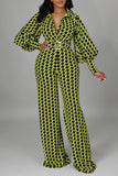 Goosudu OL Houndstooth Lantern Sleeve Belted Jumpsuit