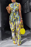 Goosudu Temperament Printed Sleeveless Belt Wide Leg Jumpsuit