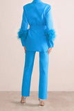 Goosudu Solid Color Feather Trim Elegant Belted Pant Suit