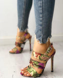 Goosudu Leaf Print Bandage Thin Heeled Sandals