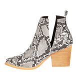 Goosudu Slip On Cutout Pointed Toe Snakeskin Mid Heel Ankle Boots