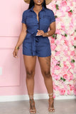 Goosudu Fashion Pocket Casual Denim Short-sleeved Romper (With Belt)