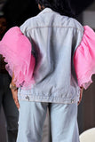 Goosudu Patchwork Tulle Ruffle Sleeve On-trend Denim Coat