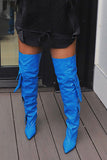 Goosudu Color Block Pockets Chic Pointed Toe Stiletto Denim Boots