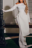 Goosudu Elegant One Shoulder Long Sleeve Slit Long Top High Waist Flared Pant Suits