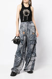 Goosudu Denim Print Boyish Multi Pocket Pants