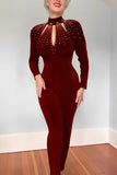 Goosudu Sexy Backless Slim Fit Elastic Cutout Hot Diamond Long Sleeve Jumpsuits