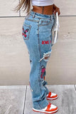 Goosudu Casual Street Print Ripped Split Joint Straight Denim Jeans