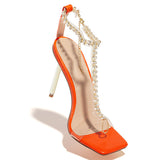 Goosudu T-Bar Strap Rhinestone Beaded Toe Ring Heels