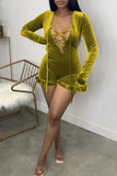 Goosudu Velvet Ruffled Long-sleeved Hollow Lacing Romper