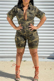 Goosudu Camo Lapel Short Sleeve Zipper Romper