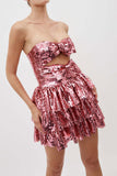 Goosudu Sequined Glittery Bow Design Tiered Mini Dress