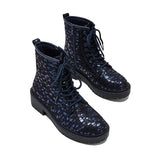 Goosudu Women Sexy Sequin Lace-Up Ankle Chunky Heel Boots