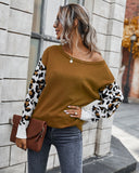 Goosudu Clearance Women's off Shoulder Knitted Color Block Sweater Leopard Print Sweater