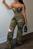 Goosudu Fashion Bandeau V-Neck Camouflage Print Slim-Fit Ripped Jumpsuit