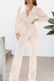 Goosudu Sexy V-neck Sequin Lace Up Long Sleeve Wide Leg Jumpsuit