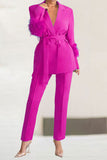 Goosudu Solid Color Feather Trim Elegant Belted Pant Suit