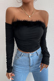 Goosudu Sexy Elegant Solid Feathers Off the Shoulder Tops