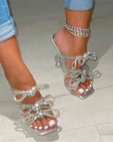 Goosudu Rhinestone Bow Decor Striking Square Toe Sandals