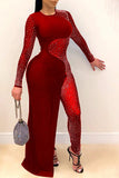 Goosudu Sexy Asymmetric Mesh Stitching Rhinestone Jumpsuit